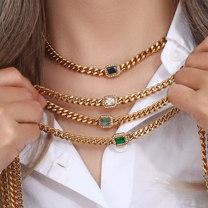 Gemstone Cuban Link Chain Choker Necklace