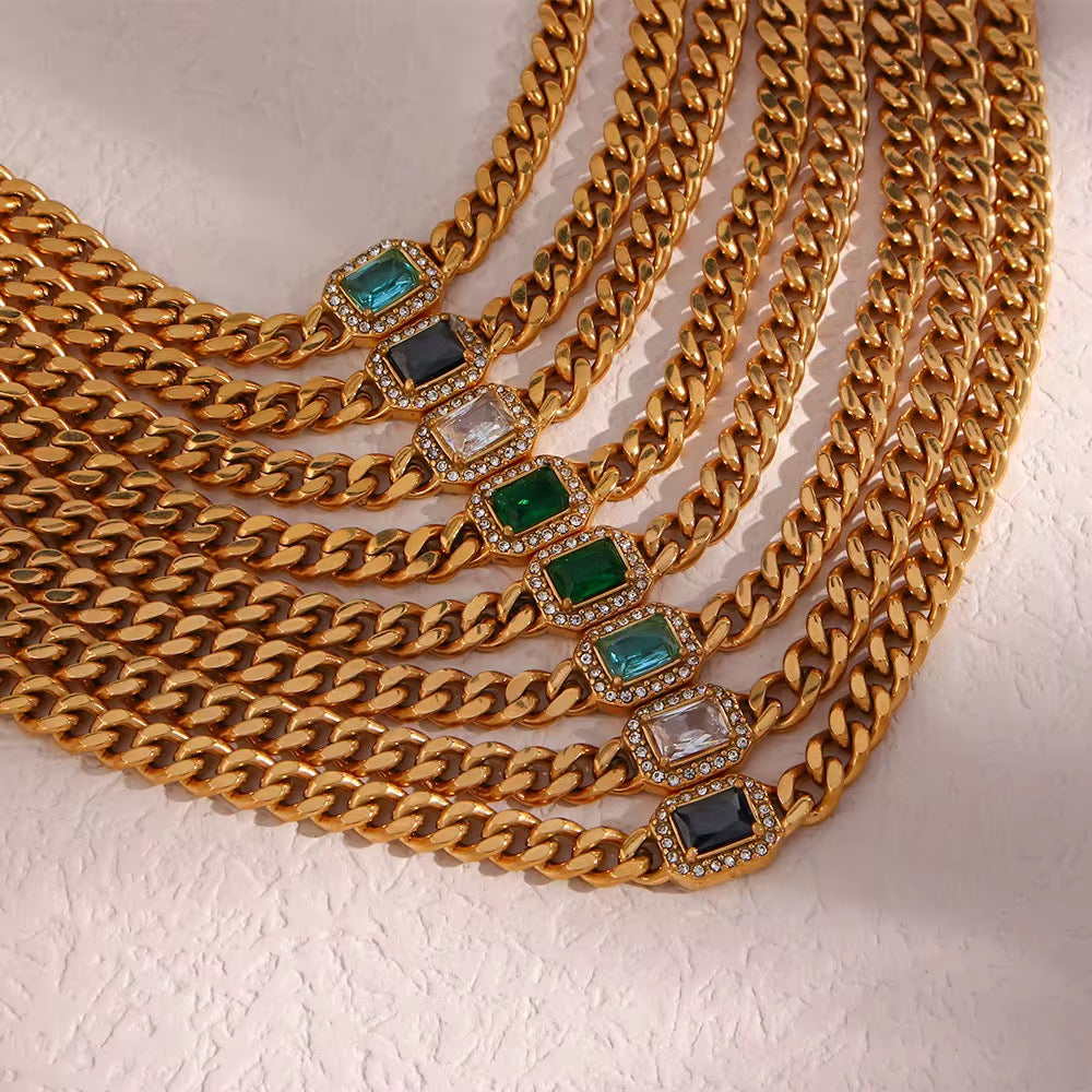 Gemstone Cuban Link Chain Choker Necklace