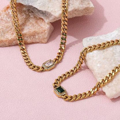 Gemstone Cuban Link Chain Choker Necklace