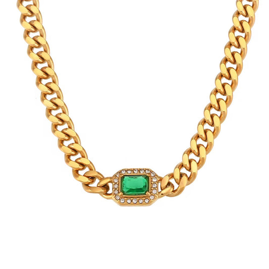 Gemstone Cuban Link Chain Choker Necklace